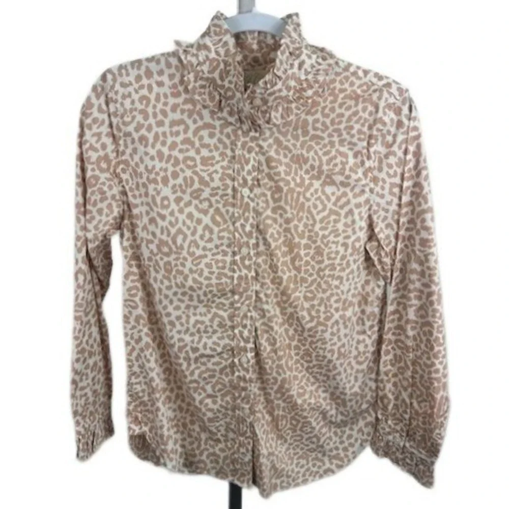 New J. Crew Leopard‎ Ruffle Collar Shirt Blouse Top Long Sleeve Women's Size 4